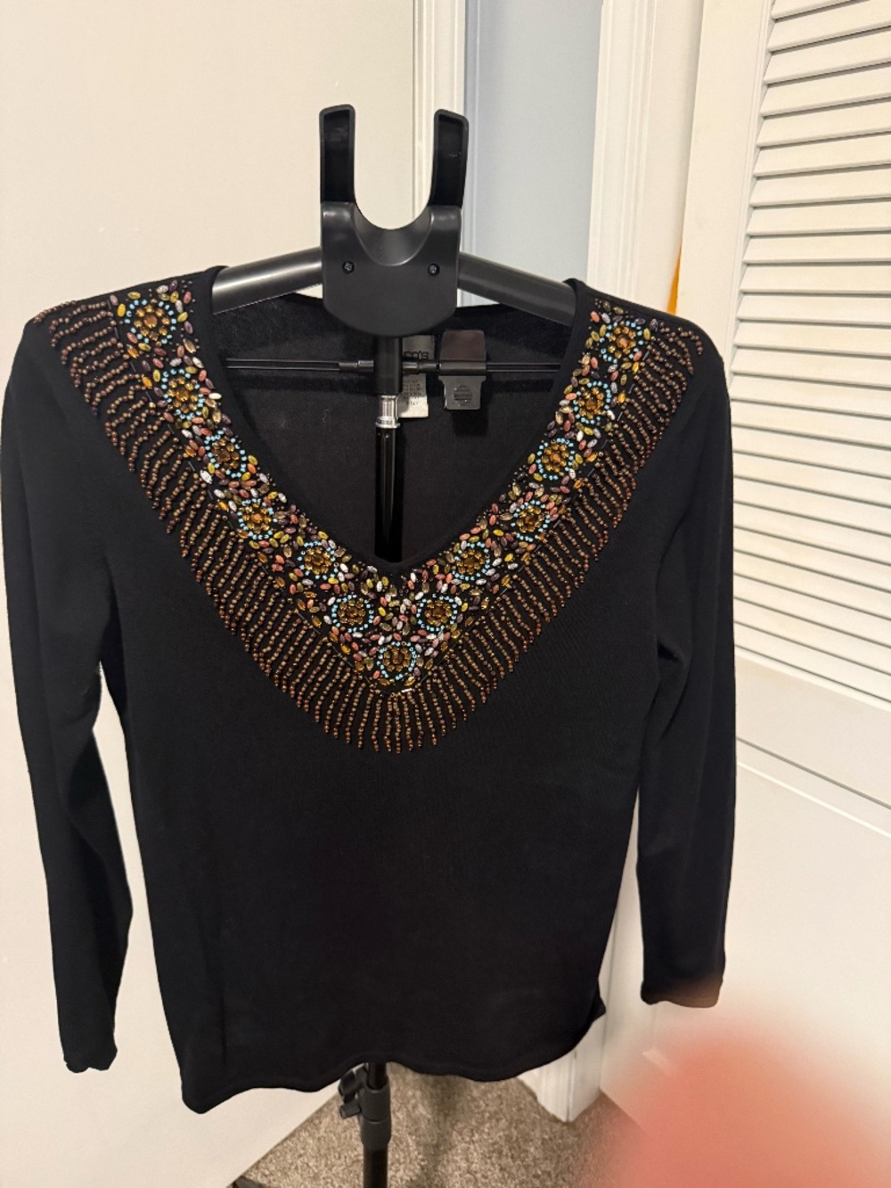 Chico's Beaded V-Neck Black Top